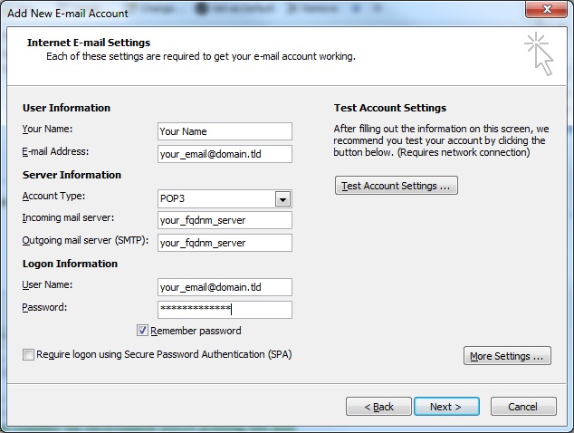 Outlook client configuration for qmailrocks - SMTP
